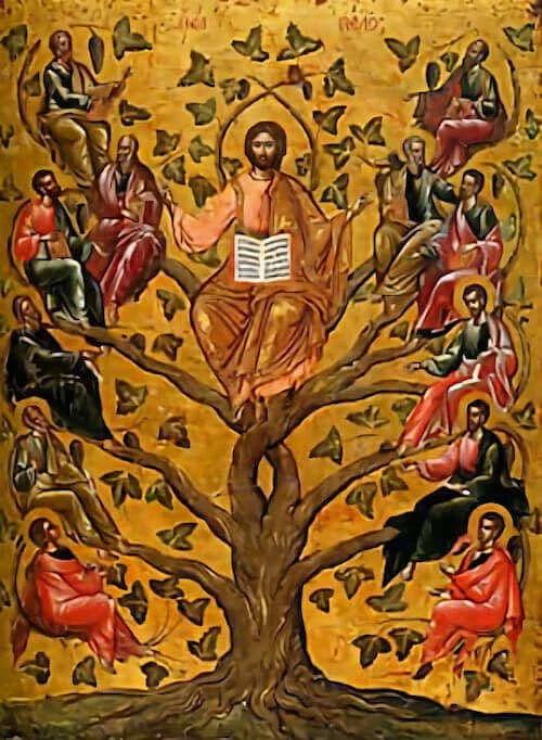 Icono de Cristo la Verdadera Vigne rodeada de figuras y ramas