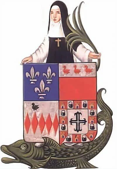 Santa Amalberge con un esturión, atributo tradicional de su leyenda