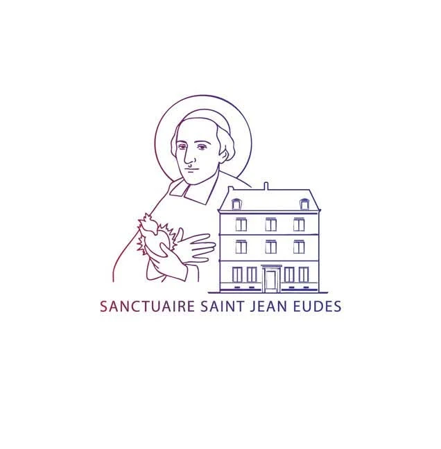 Emblema del Santuario de San Juan Eudes: el santo, un corazón y la casa de Caen